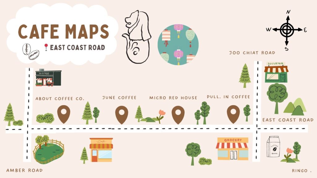 カトンのEast Coast Road沿いのカフェ位置関係を示したマップ(About Coffee Co.、June Coffee、MICRO red house、pull.in Coffee)
