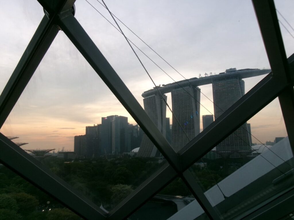 ガーデンズバイザベイのクラウドフォレストから見える夕焼けとマリーナベイサンズ